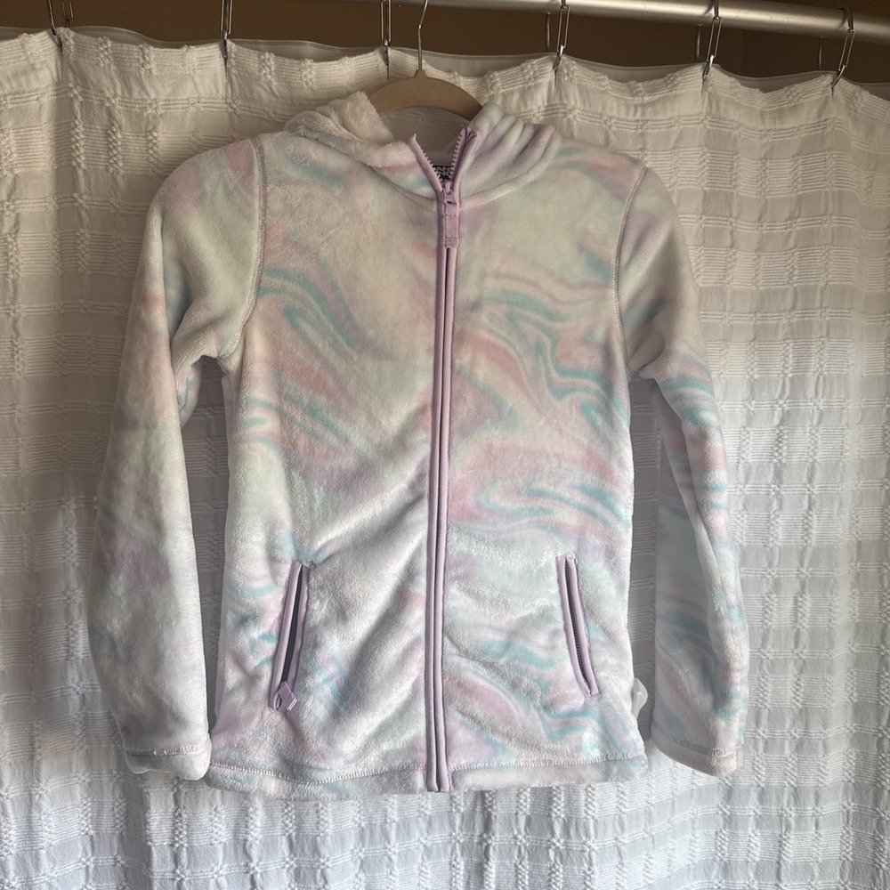 Lands' End Girl's Softest Fleece Zip Up Jacket Large 10/12 White Pink Blue